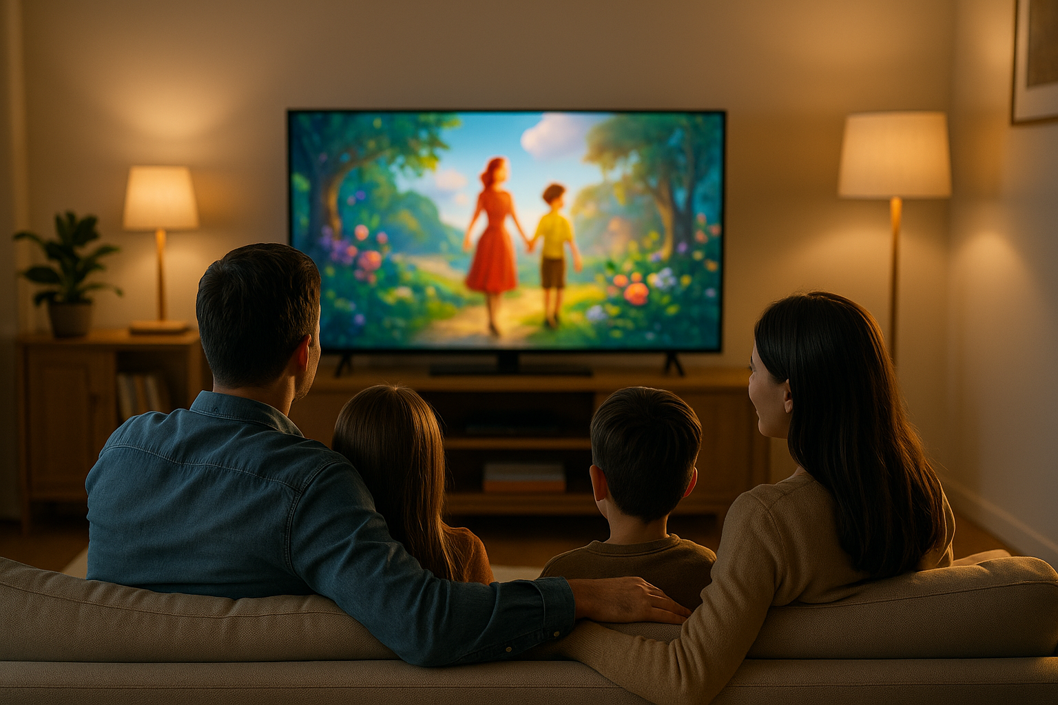 Familie sitzt gemütlich auf dem Sofa und schaut gemeinsam ruckelfreies IPTV im Wohnzimmer.